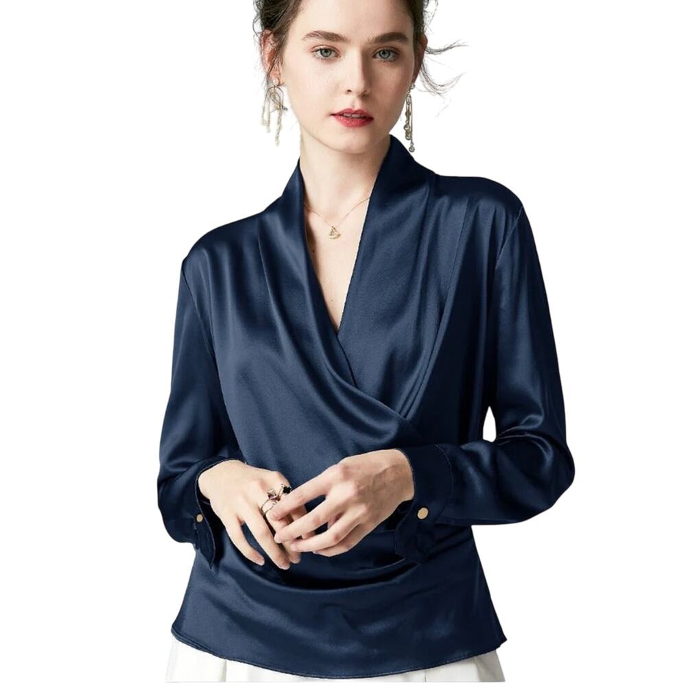Gracia Navy Satin Wrap-Front Blouse
